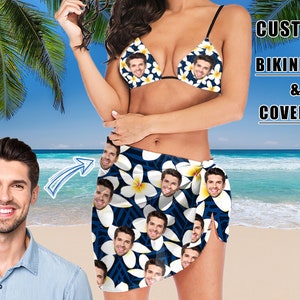 Custom Face Swim Bikini & Coverup Personalized Flowers Bathing Suit And Short Sarongs Beach Wrap For Women