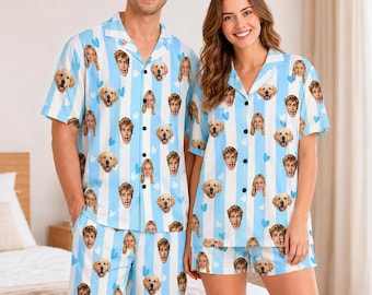 Custom Photo Pajama Set, Personalized Face Print, Short Sleeve Pajamas (Polyester/Cotton)