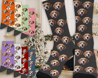 May include: A collection of colorful socks featuring various pet faces. The socks are in shades of orange, yellow, green, pink, purple, white, red, and blue. The socks are decorated with images of cats and dogs.