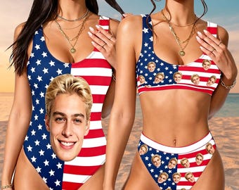 Custom Face Swimsuit,Personalized American Flag Swimwear, Bachelorette Party