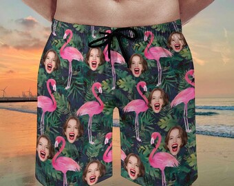 Benutzerdefinierte Bademode für Mann, personalisierte Flamingo Strandshorts mit Foto, Badehose personalisiert, Badehose personalisiert, Geschenk für Freund