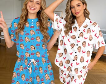 Custom Face Short Sleeve Pajama Set,Personalized Photo Women Pajamas,Gift for GF/Wife
