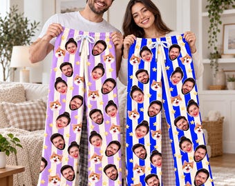 Custom Pajama Pants with Faces,Personalized Photo Trousers for Women Men,Family Christmas Gift