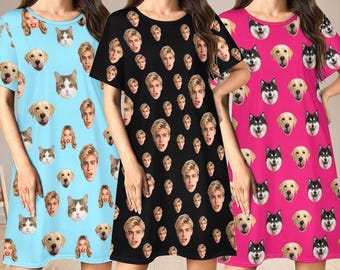Custom Face Pajama Dress,Photo Sleepshirt,Personalized Photo Sleepwear,Birthday Gift