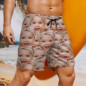Custom Swim Shorts with Baby Face Gift for Father&#39;s Day, Personalized Photo Swimwear, Photo Swim Trunks, Picture Beach Shorts for Husband