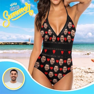 Custom Love Heart Swimsuit with Face, Personalized Photo Bathing Suit, Customize Picture Swimwear, Face Swiming Suit, Bachelorette Party