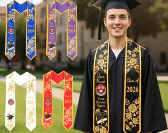Custom Embroidered Graduation Stole: Class of 2026 Floral Design