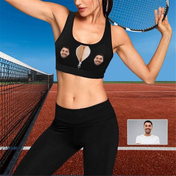 Custom Face Women's Yoga Sports Bra, Personalized Zipper Stretchy