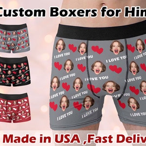 Custom Boxers with Face for Boyfriend Husband, Personalized Hearts Underwear with Photo, Picture Boxer Briefs Gift for Valentine's Day Gift