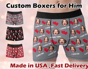 Custom Boxers with Face for Boyfriend Husband, Personalized Hearts Underwear with Photo, Picture Boxer Briefs Gift for Valentine's Day Gift