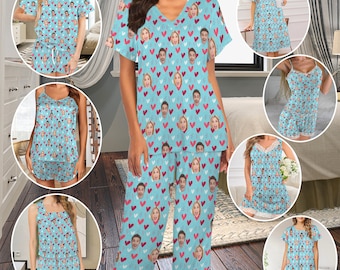 Ensemble de pyjama personnalisé avec visage, pyjama photo personnalisé, chemises de nuit avec photo personnalisée, pyjama de fête, cadeau Saint-Valentin/enterrement de vie de jeune fille