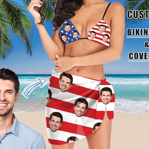 Custom Face American Flag Swim Bikini & Coverup Personalized Bathing Suit And Short Sarongs Beach Wrap For Women