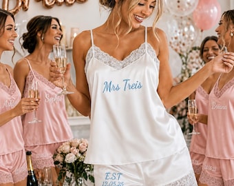 Custom Embroidered Lace Pajama Set,Personalized Bridal Lounge Set, Wedding Pajamas,Bridal Shower Gift,Wedding Date Gift