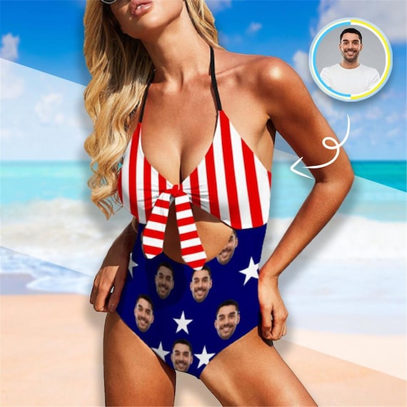 Custom Face Backless Swimsuit , Personalized Photo US Flag Swimwear,  Picture Print Bathing Suit for Independence Day/bachelorette Party Gift -   Canada