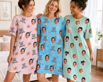 Custom Face Birthday Pajama Dress, Personalized Photo Sleepshirt, Birthday Gift,BF Gifts