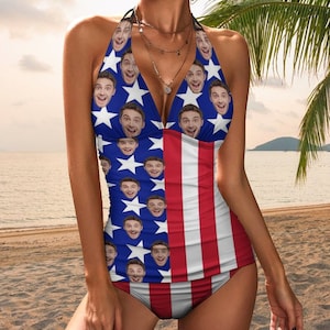 Custom Flag Swimsuit with Face, Personalized US Flag Swimwear with Photo, Custom Bathing Suit, Photo Swimming Suits for Independence Day