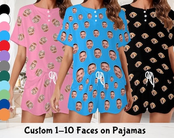 Custom Pajama Set with Face, Personalized Pajamas with Photo, Custom Picture Print Women's Short Sleeve Top and Shorts, Casual Home Suit