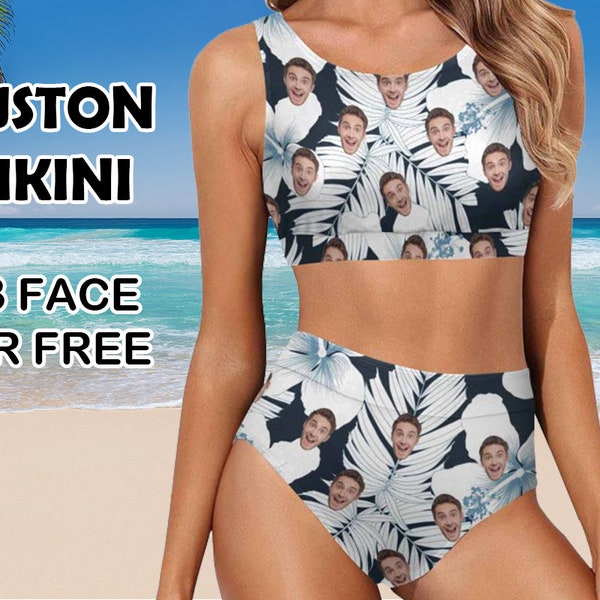 Custom Face Bathing Suit for Girlfriend or Wife, Funny Personalized Photo White Flower Leaves Bikini Swimsuit, Customize Picture on Swimwear