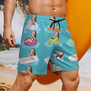 Custom Swim Shorts with Face for Father&#39;s Day, Personalized Swimwear with Photo, Custom Swim Trunks with Picture, Face Swimwear, Beach Short