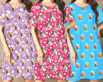 Custom Pet Face on Pajama Dress,Personalized Pet Photo Nightgown,Gift for Dog Lovers