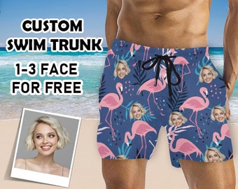 Custom Face Beach Shorts, Personalized Flamingo Swim Trunks with Photo, Personalized Faces Swimwear, Custom Man Shorts, Gift for Dad/Husband