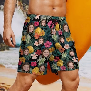 Personalized Pineapple Swim Shorts with Photo, Picture on Swim Trunk,  Face on Surf Trunk, Swim Trunk with Face, Custom Photo Board Shorts
