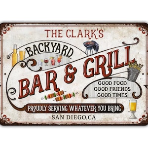 Custom Metal Backyard Bar And Grill Sign Proudly Serving Whatever You Bring Personalized