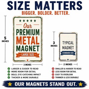 The image is a size comparison of two types of magnets, with text providing information about their sizes and features.