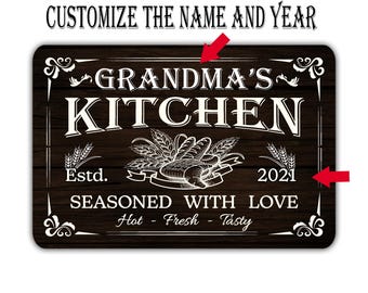 Custom Kitchen Sign Seasoned With Love Metal Personalized Wall Art  (Heavy Gauge Aluminum, Weather Resistant, Pre Drilled)