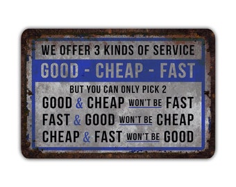 3 tipos de servicios, buenos, económicos, rápidos, estilo vintage, letrero de metal, trabajo, retro, rústico, patio, decoración del hogar, regalo, impresión, presente