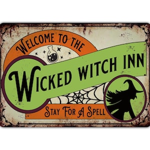 Wicked Witch Inn Letrero navideño Quédese por un hechizo Vintage Retro Patio rústico Decoración del hogar Regalo Impresión de metal Presente
