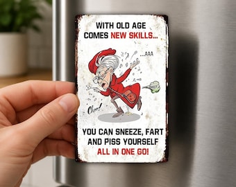 Old Age New Skills Fridge Magnet, Funny Senior Gift, Over The Hill Humor, Birthday Gag Gift, Retirement Magnet