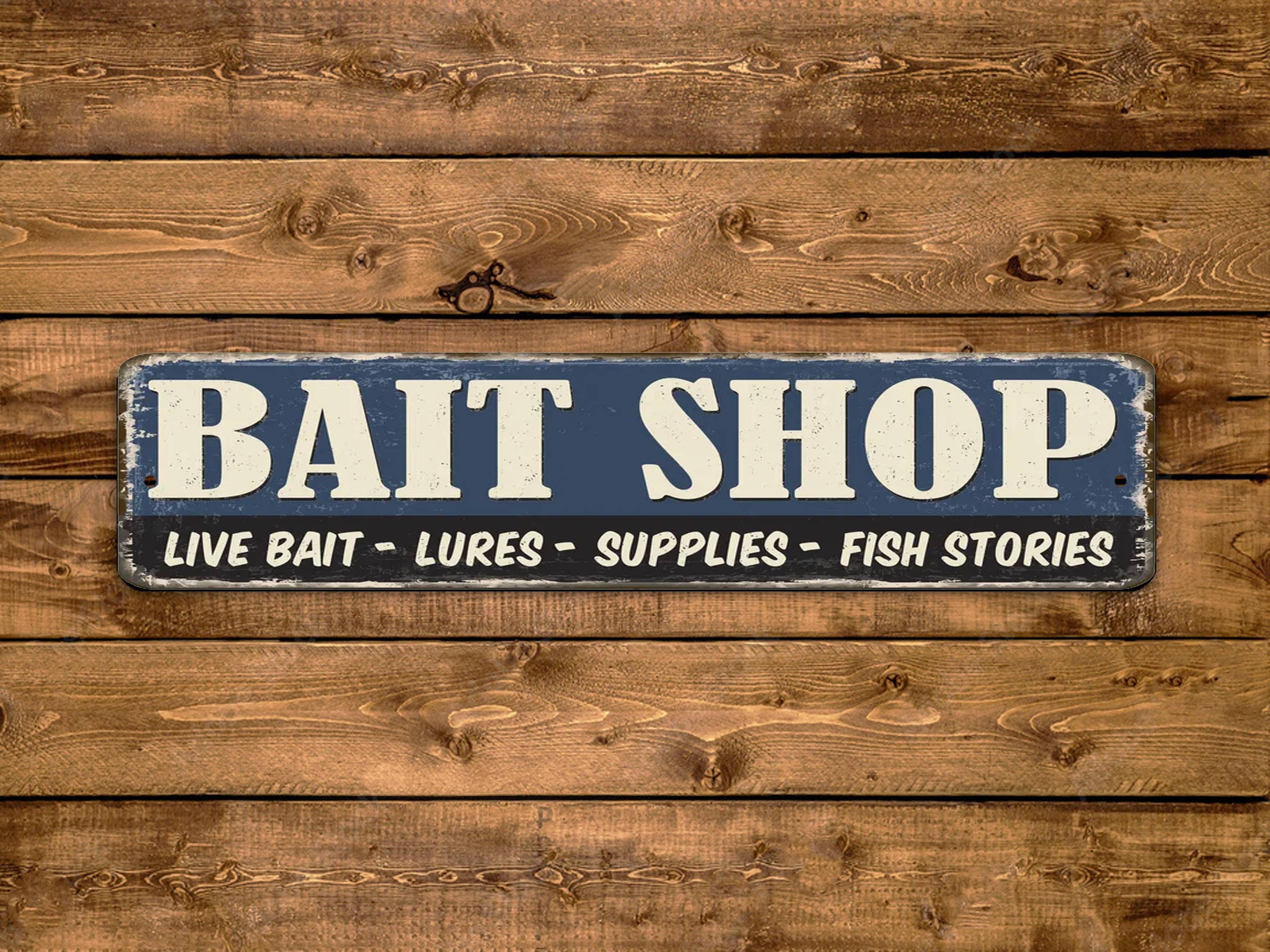 Bait Shop Street Sign Live Fish Fishing Tackle Vintage Retro Rustic Patio  Home Décor Gift Metal Print Present 