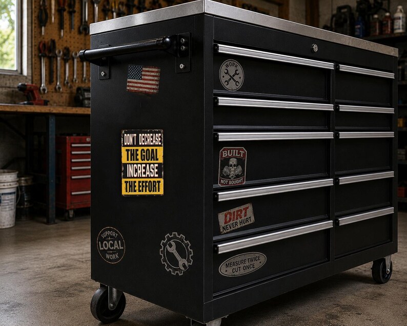 A black workbench with various stickers and labels on it, including a motivational quote and a warning about the importance of the effort.