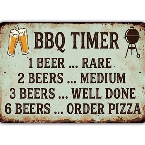May include: A rectangular metal sign with a distressed light green finish featuring the text BBQ TIMER and a guide: 1 BEER ... RARE, 2 BEERS ... MEDIUM, 3 BEERS ... WELL DONE, 6 BEERS ... ORDER PIZZA. It includes illustrations of two beer glasses and a grill.