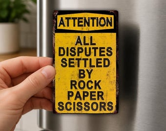 Rock Paper Scissors Fridge Magnet, Funny Dispute Settler, Game Room Decor, Office Gag Gift, Yellow Warning Magnet