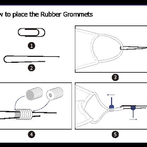 May include: A diagram showing how to place rubber grommets on a face mask. The steps are illustrated using a paperclip and a rubber grommet. The text in the image reads "How to place the Rubber Grommets".
