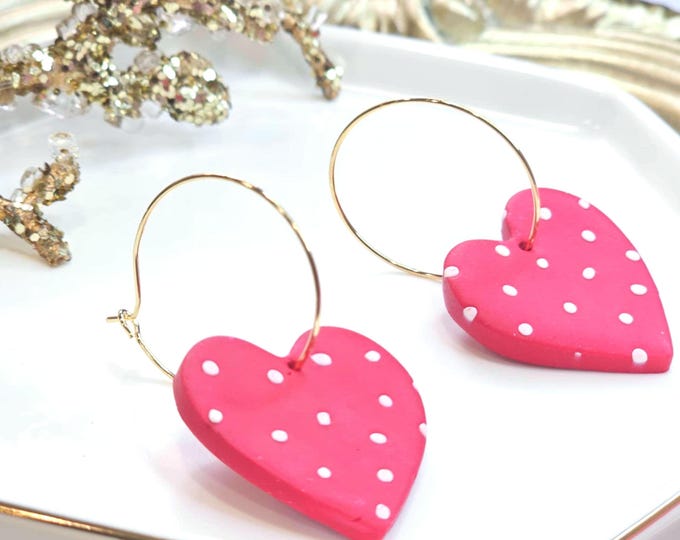 Polka Dot Heart Hoop Earrings - Handmade Pink Clay Earrings - Whimsical Valentine's Jewelry Gift for Her