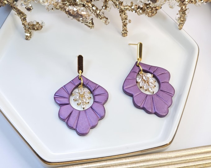 Purple Floral Cutout Earrings with Crystal Leaf – Handmade Clay Statement Dangles – One of a Kind with Gold Studs