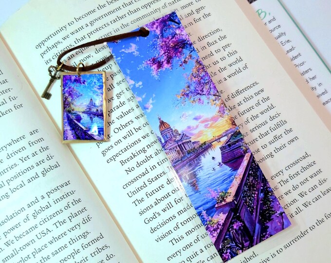 Handmade Paris Twilight Bookmark, Clay Charm, Faux Leather Cord