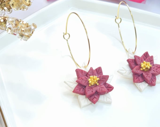 Poinsettia Hoop Earrings – Handmade Clay Earrings with Pink Flowers & Gold Details, Festive Holiday Jewelry , Christmas gift for her