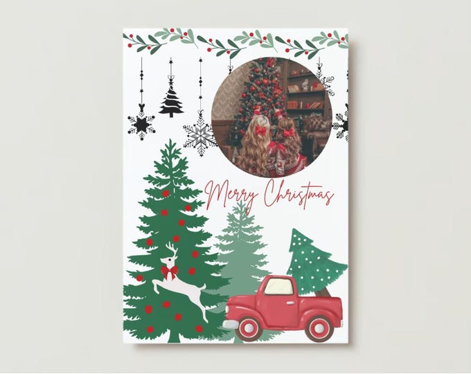 Custom Christmas Card with Photo - Printable Holiday Card - Red Truck Christmas Digital Download, Merry Christmas card