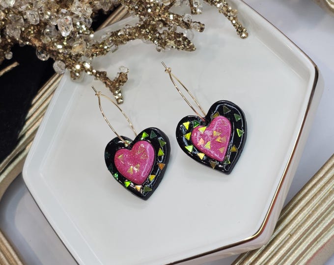 Handmade Heart Earrings with Neon Pink and Green Glitter Accents, Artistic Resin Hoop Earrings, Unique Statement Jewelry