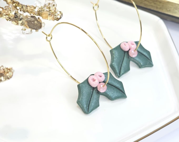Holly Leaf Hoop Earring – Handmade Green Clay Earring with Pink Berries, Festive Holiday Jewelry, Christmas gift for women