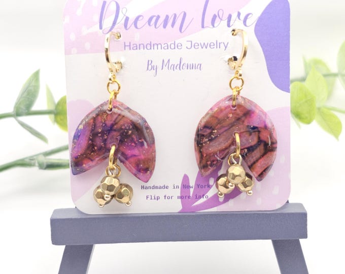Unique Handmade Clay Earrings with Resin Finish & Gold-Plated Posts | Burgundy, Pink, and Purple Floral and Geometric Shapes | One-of-a-Kind