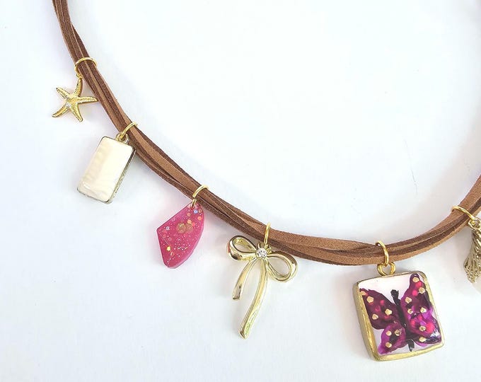 Butterfly Beach Charm Necklace with Hand-Painted Pendant, Pink Flower & Shell – Trendy Summer Jewelry on Suede Cord
