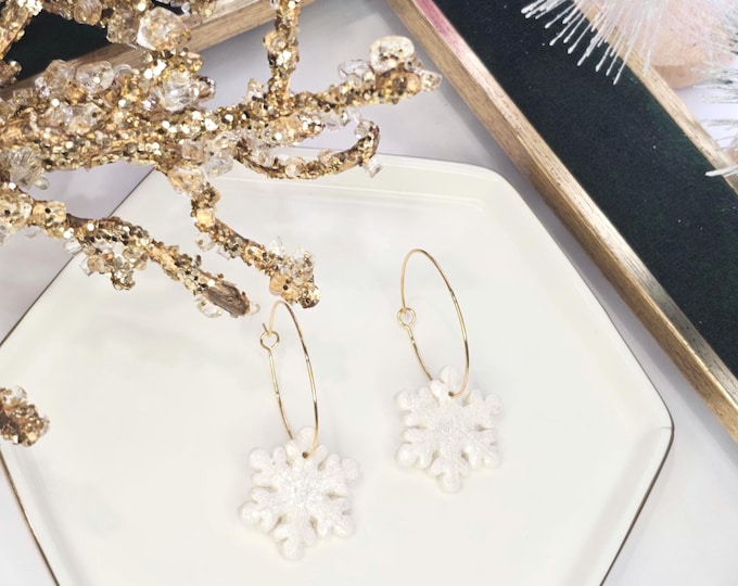 Snowflake Hoop Earrings – Handmade Clay Earrings with Glitter Finish & Gold Hoops, Winter Holiday Jewelry, Christmas gift for her