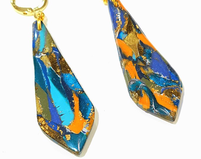 Handmade Stone-Inspired Drop Earrings – Blue & Gold Leaf Clay Earrings, Resin Coated, Geometric Statement Earrings, Bold Fashion Jewelry