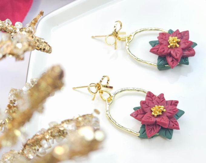 Maroon Red  Poinsettia Christmas Earrings – Handmade Festive Jewelry with Gold Bow & Hoop, Lightweight Resin Clay Earrings for Women