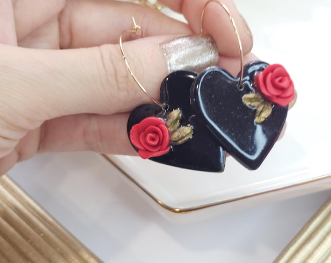 White Heart Earrings with Red Rose - Handmade Resin Floral Jewelry, Gold-Plated Hoop Earrings, Romantic Gift